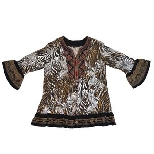 Caleaaa Animal Mixed Print‎ Embroidered Tunic Brown Black 1X Bell Sleeve Boho